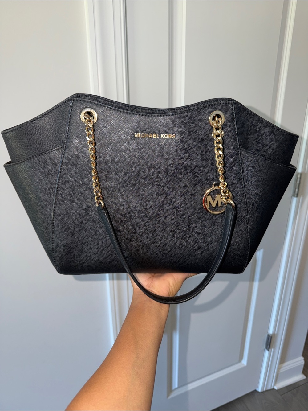 Michael Kors Black Saffiano Tote with Gold Chain Hardware